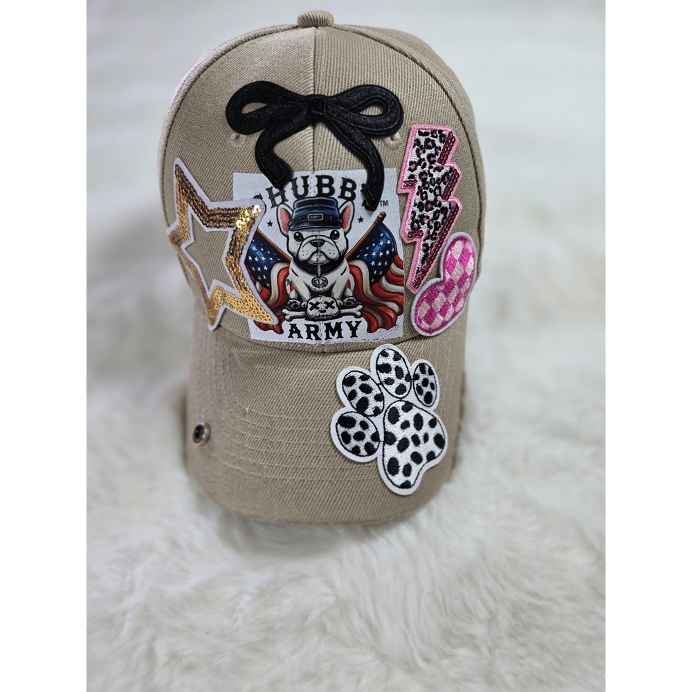Chubby Army French Bulldog Patch Baseball Cap Tan Dog Mom Glitter Bow Hat Custom